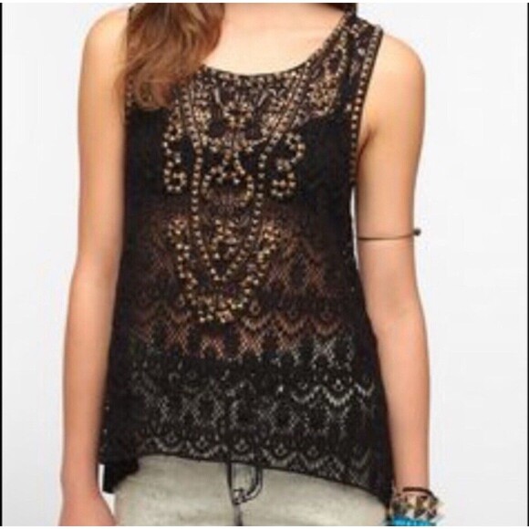 Ecote Urban Outfitters Women's Black Tank Top Cami Crochet Lace Studded Boho XS - Picture 9 of 9